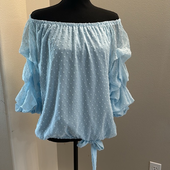 CeCe women’s‎ off shoulder blouse puffed sleeves baby blue size medium - Picture 1 of 10
